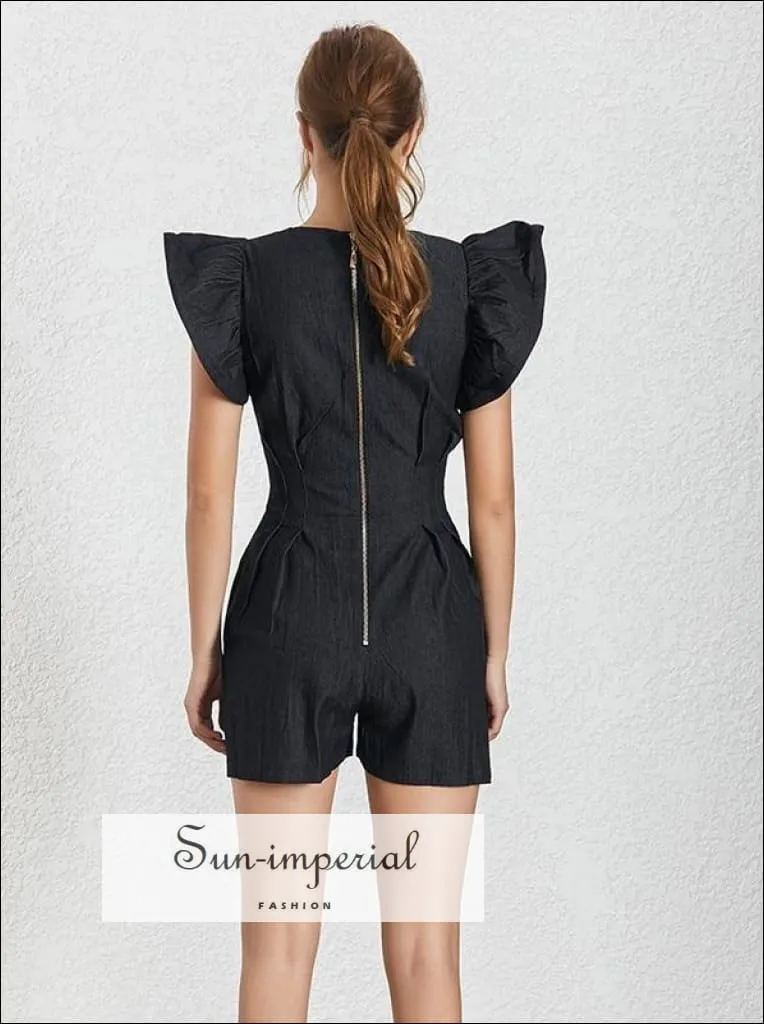 Hollywood Romper - Black Short Jumpsuit for Women V Neck Ruffle Sleeve High Waist