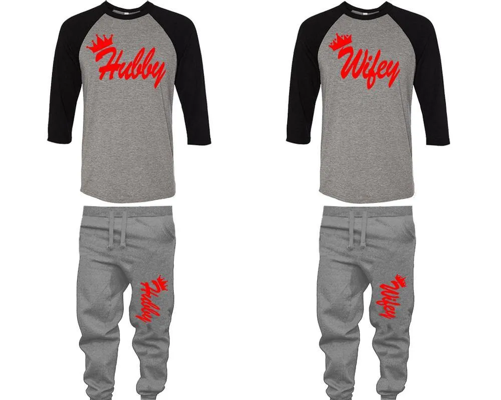 Hubby Wifey Couple Baseball Shirt and Jogger Pants, Matching Top Bottom Set