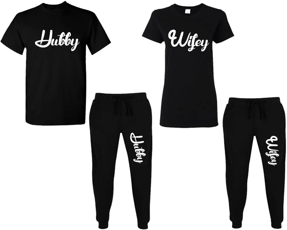 Hubby Wifey Couple Matching T Shirt and Jogger Pants Top & Bottom Sets