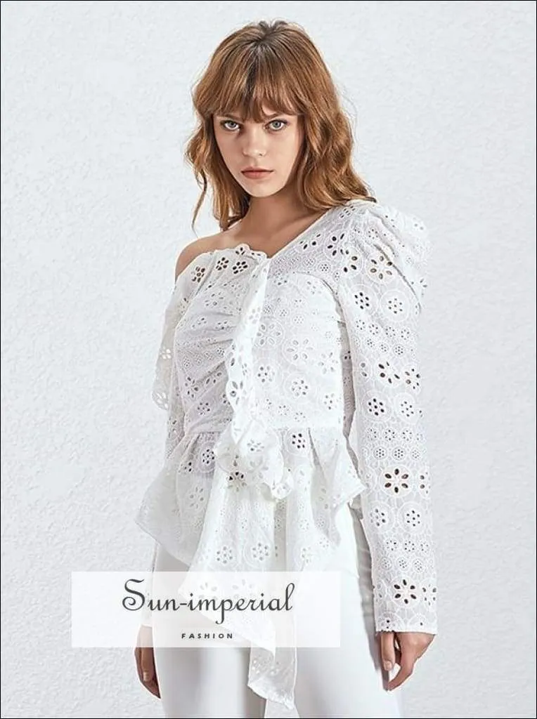 Jerri top - Lace Patchwork Women Blouse Puff Sleeve One Shoulder Perspective Slim Irregular