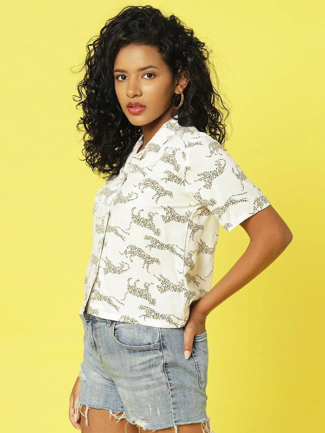 Jungle Tribe Printed Crop Top With Notched Coller