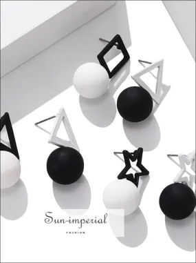 Korean Black White Triangle Square Pentagram Earrings Simple Ball Drop Earrings for Women