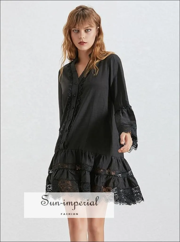 Korean Dress- Women Flare Sleeve O Neck Button Lace Patchwork Dresses Female Fashion Fashion new