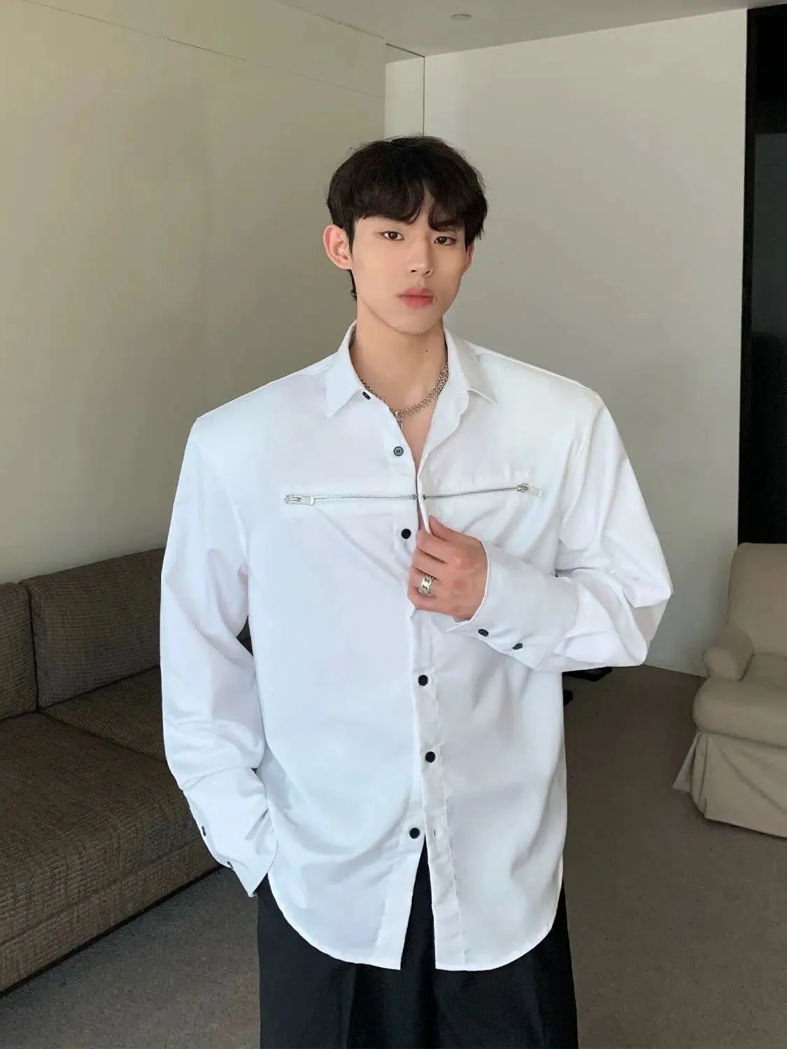 Korean Style Zip Details Long-sleeved Shirt