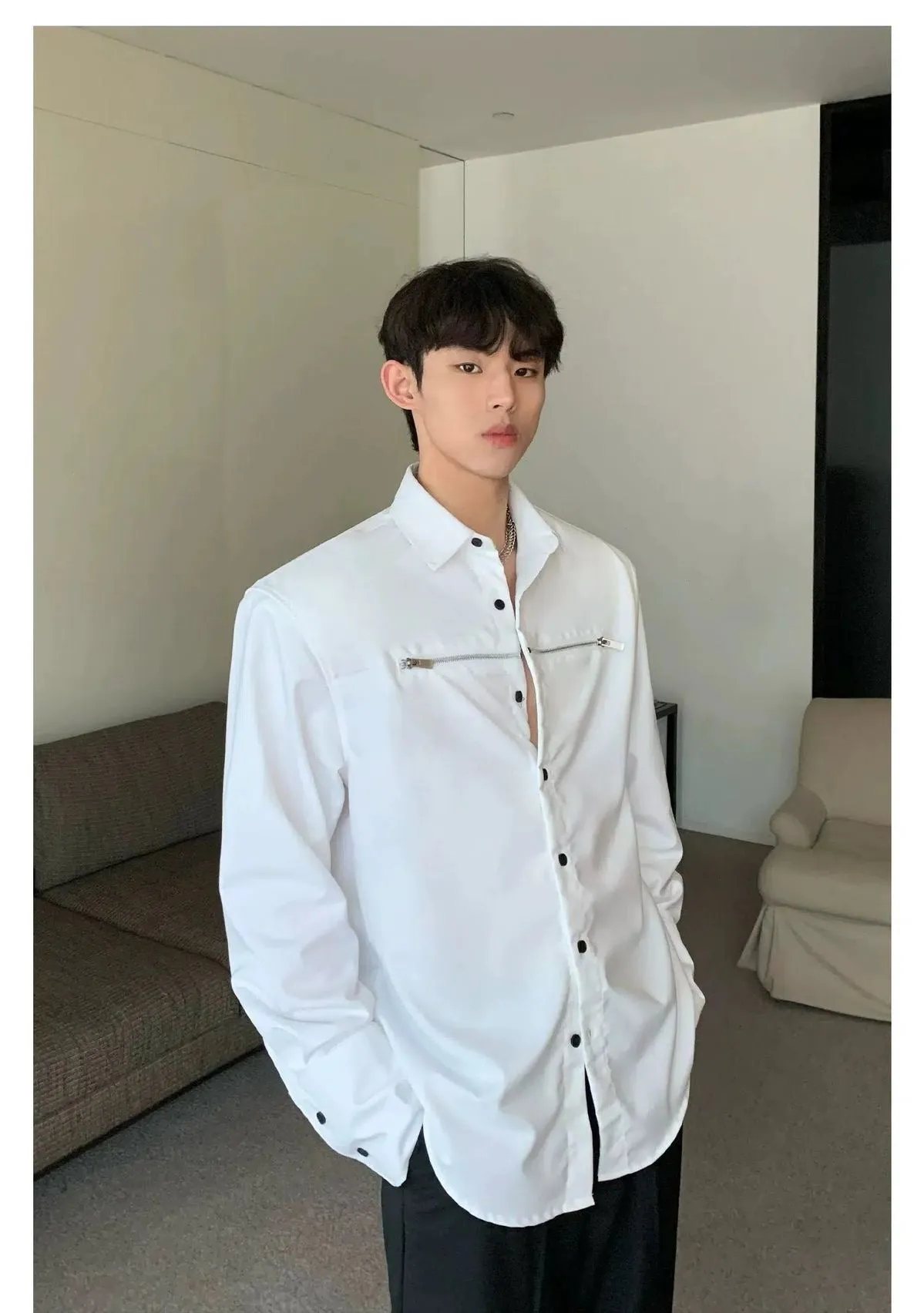 Korean Style Zip Details Long-sleeved Shirt