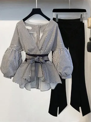 Lantern Sleeve Blouse Shirt Women 2020 Fashion Korean Style Summer Bow V-neck Striped Shirt Elegant Ladies Tops Female Clothing