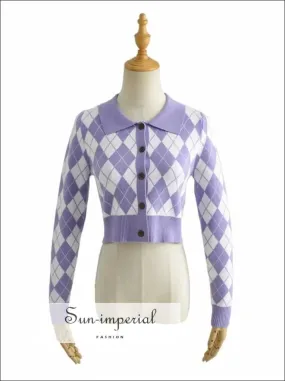 Lavender Women Collared Fitted Crop Cardigan Knitted Argyle Crop Cardigan