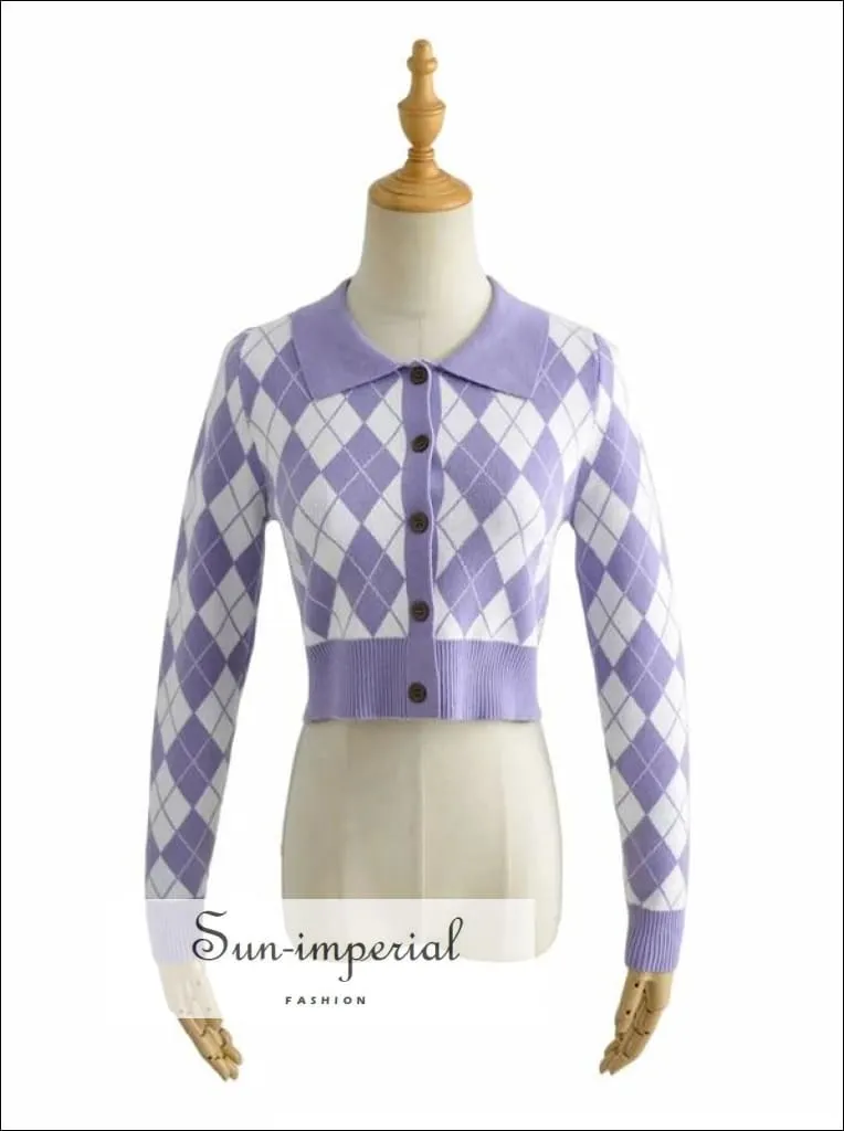 Lavender Women Collared Fitted Crop Cardigan Knitted Argyle Crop Cardigan