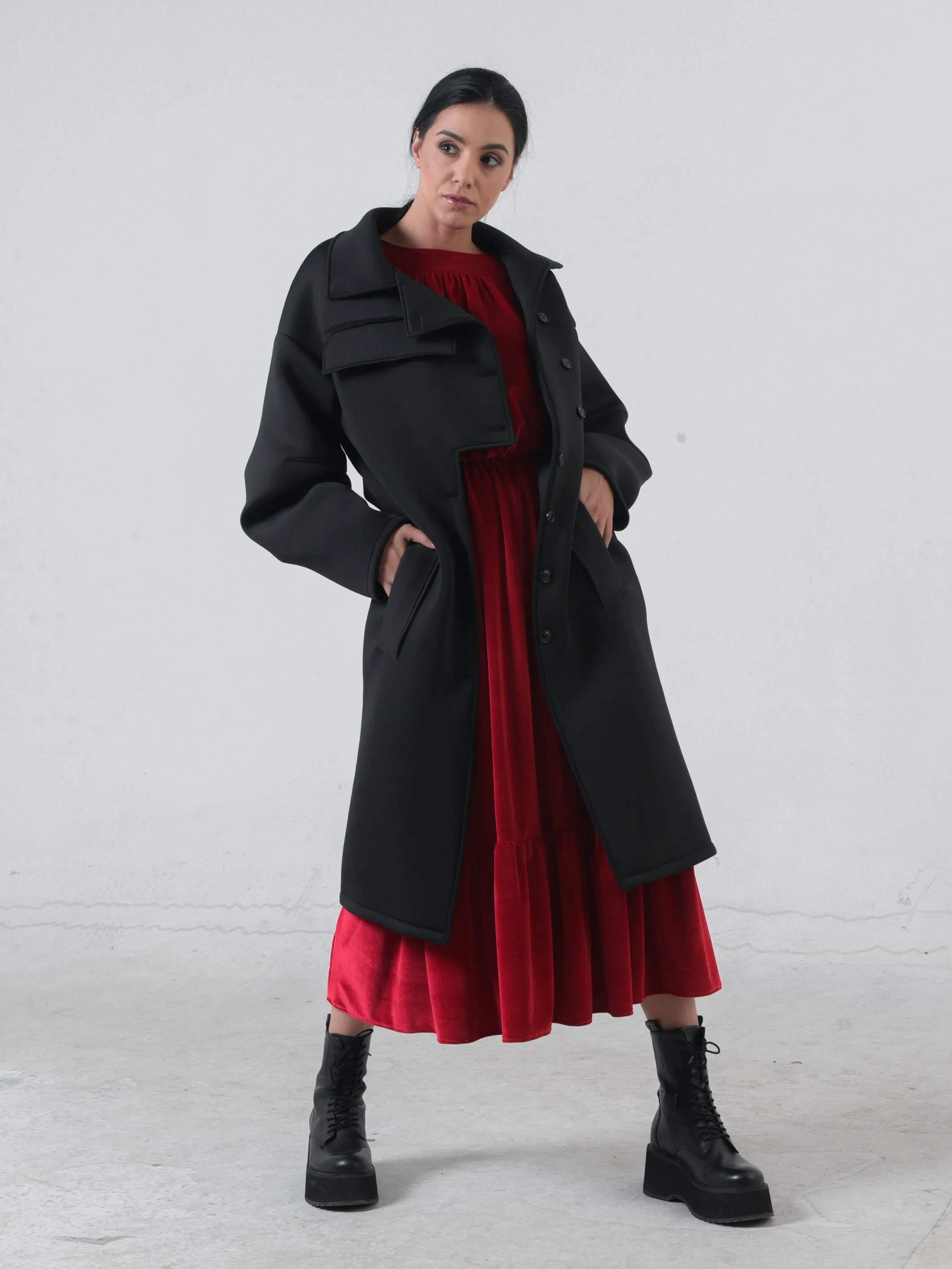 Long Black Neoprene Coat