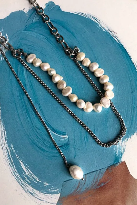 Natural Pearl double chain pendant necklace