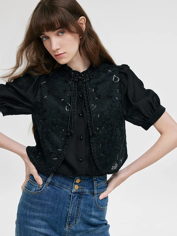 New Chinese-Style Lace Sequins Patchwork Women Blouse