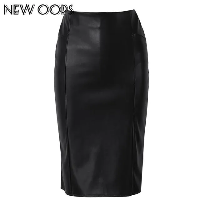 NEW OOPS Women Faux Leather slim High Waist Skirts 2017 Casual Tube Wrap Bodycon PU Pencil Skirts Midi Saias Femininos A1702031