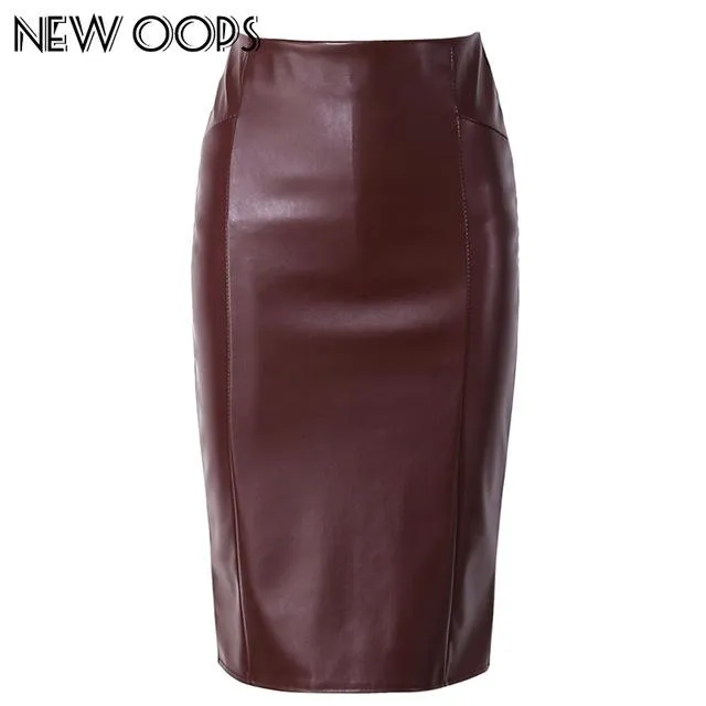 NEW OOPS Women Faux Leather slim High Waist Skirts 2017 Casual Tube Wrap Bodycon PU Pencil Skirts Midi Saias Femininos A1702031