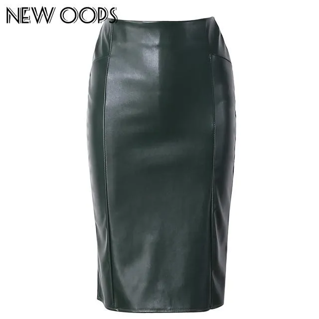 NEW OOPS Women Faux Leather slim High Waist Skirts 2017 Casual Tube Wrap Bodycon PU Pencil Skirts Midi Saias Femininos A1702031