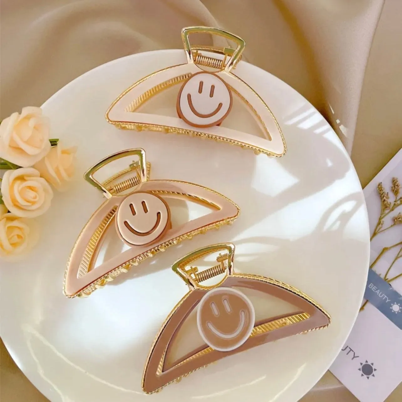 New Smile Triangle Happy Face  Large Claw Clips for thick Hair,Retro Hair Clamp,