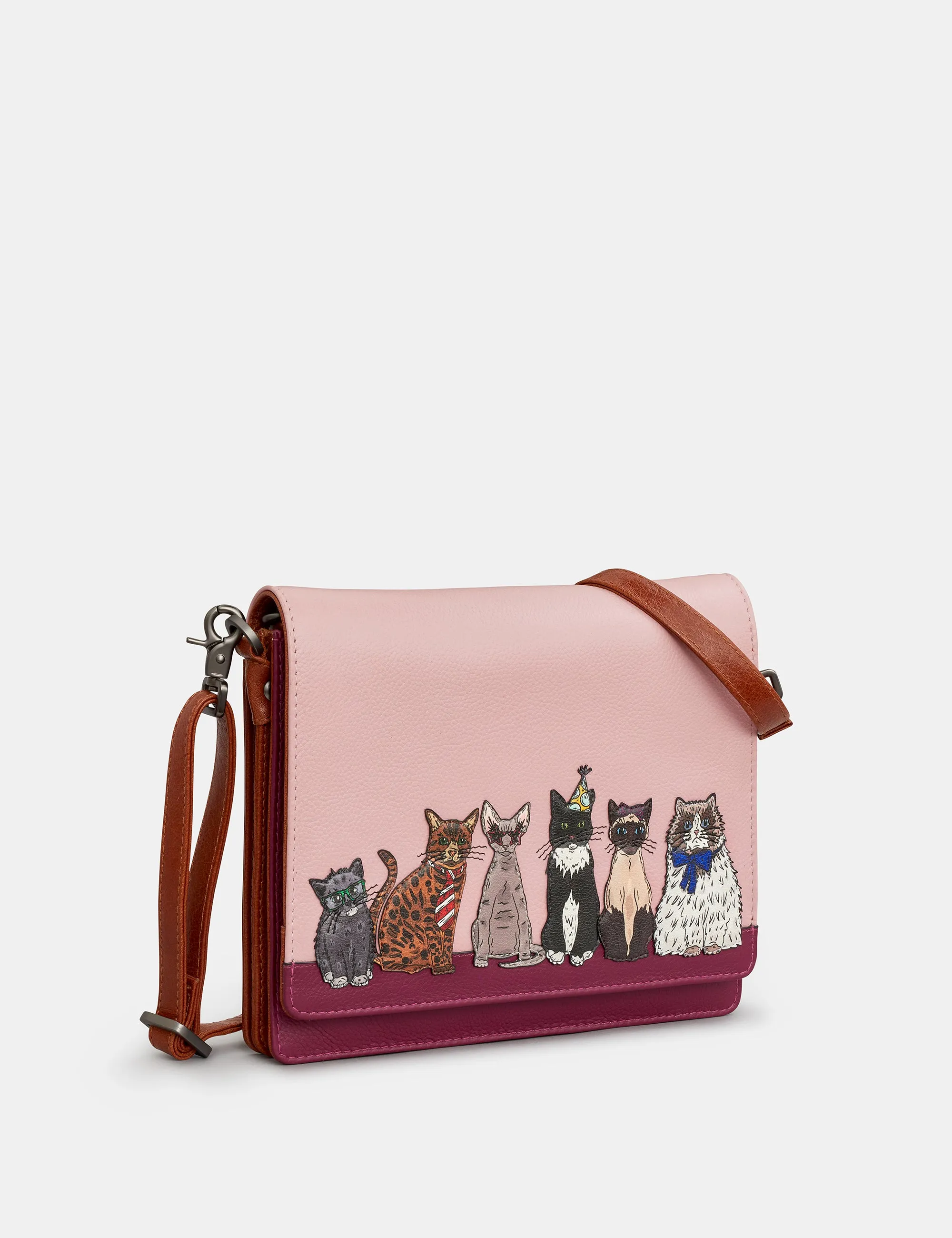 Party Cats Leather Flap Over Cross Body Bag