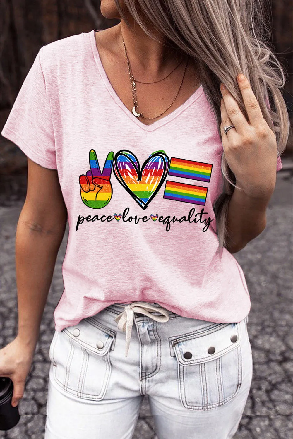 Pride Shirt Women Peace Love Equality Casual V Neck T Shirt