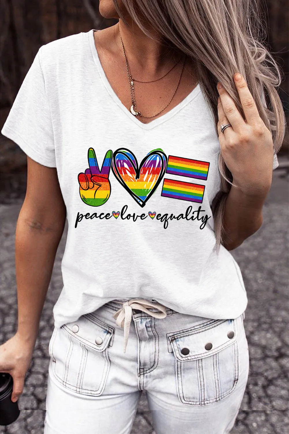 Pride Shirt Women Peace Love Equality Casual V Neck T Shirt