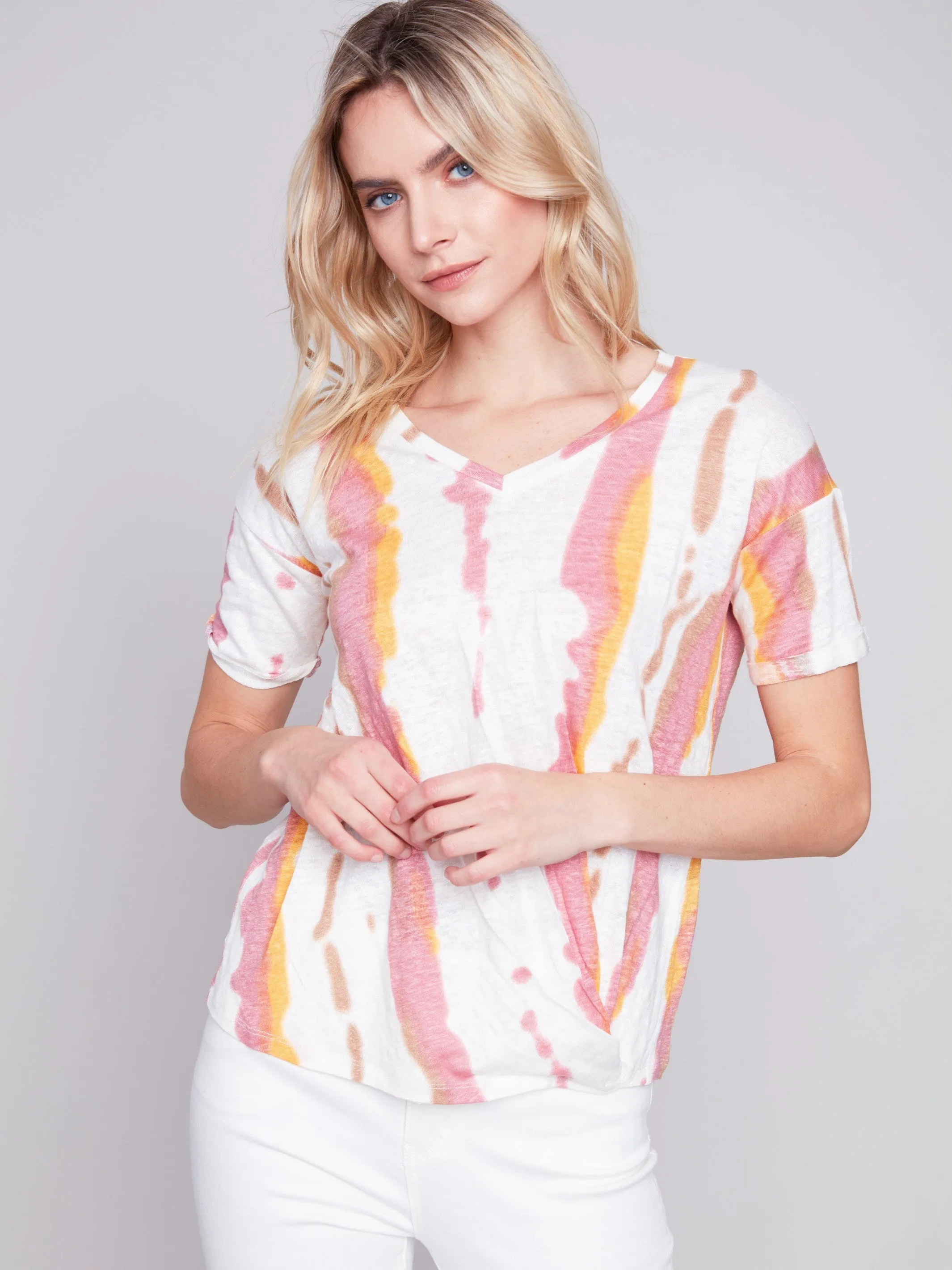 Printed Linen Top with Front Twist Knot - Natural