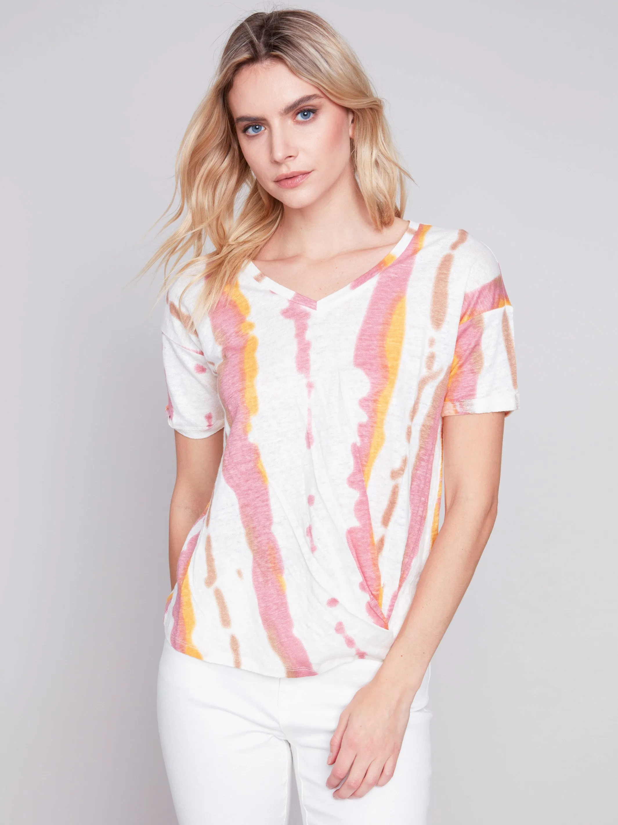 Printed Linen Top with Front Twist Knot - Natural