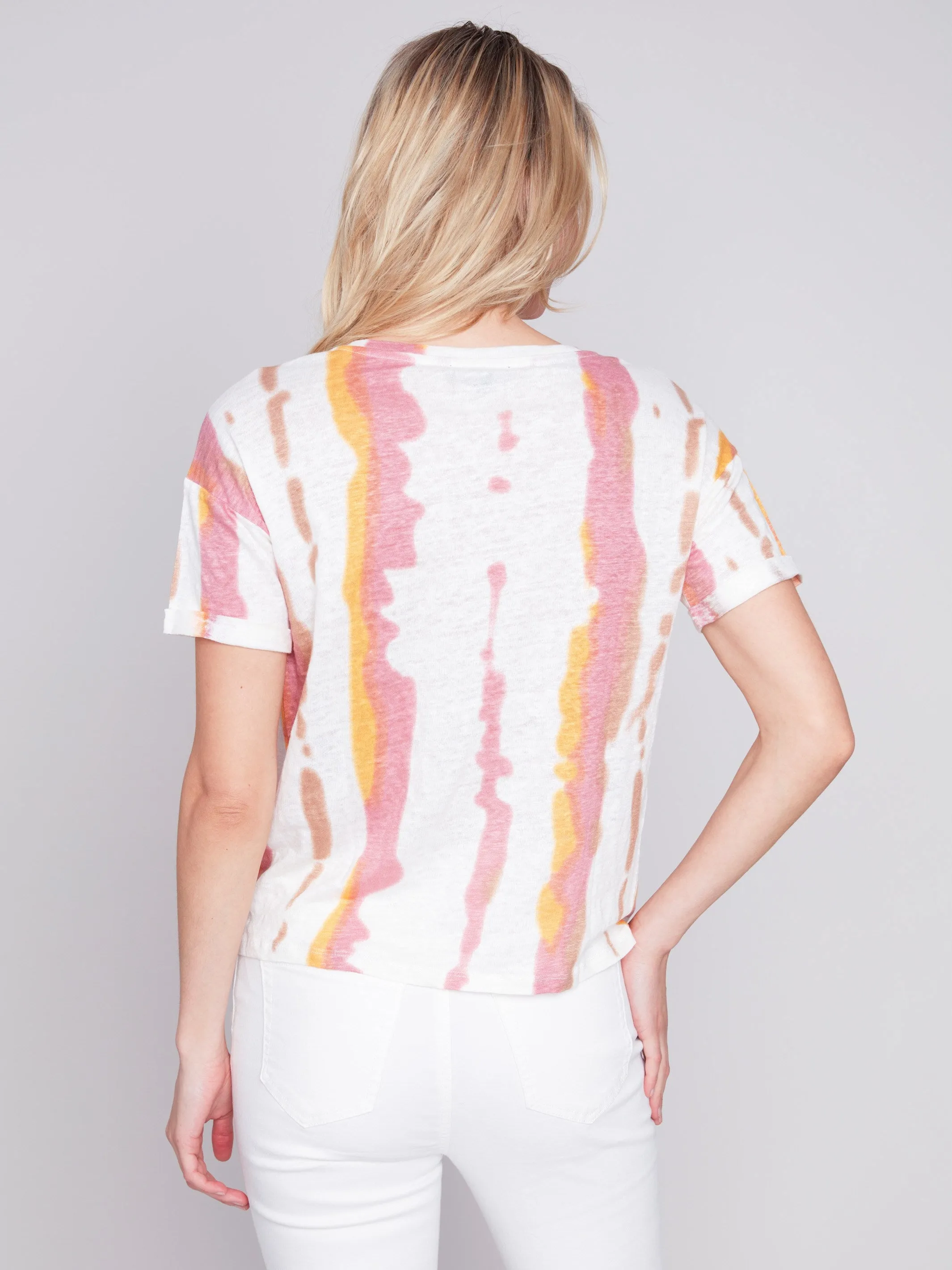 Printed Linen Top with Front Twist Knot - Natural