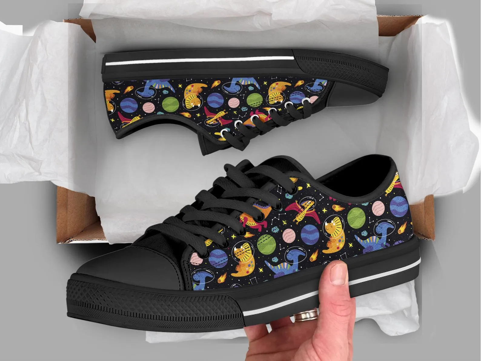 Space Dinosaur Shoes Dinosaur Sneakers Dinosaur Print Dinosaur Lover Gifts Custom Low Top Converse Style Sneakers For Adults Women & Men