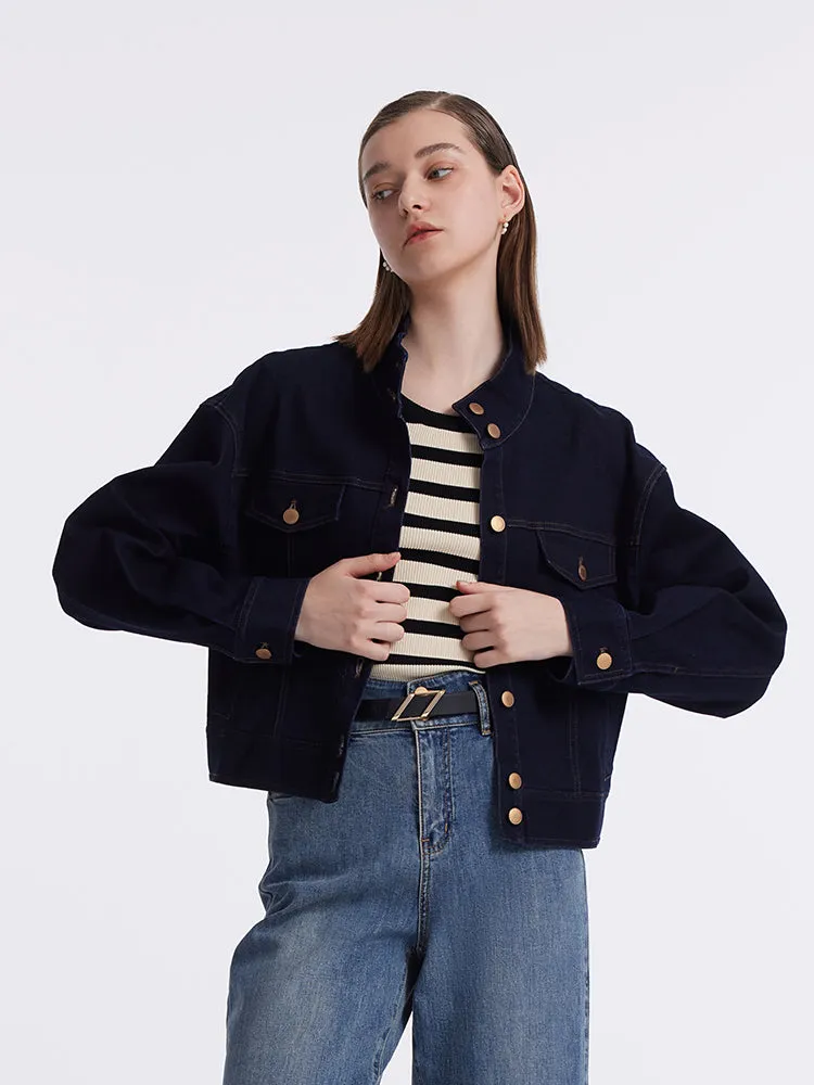 Stand Collar Denim Women Crop Jacket