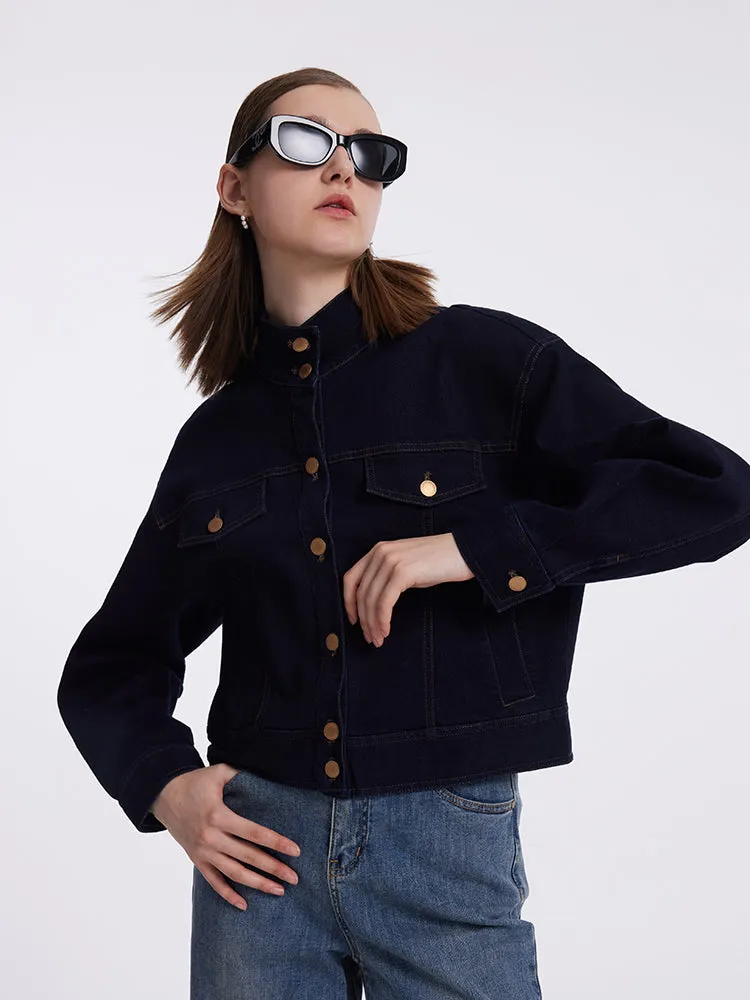 Stand Collar Denim Women Crop Jacket