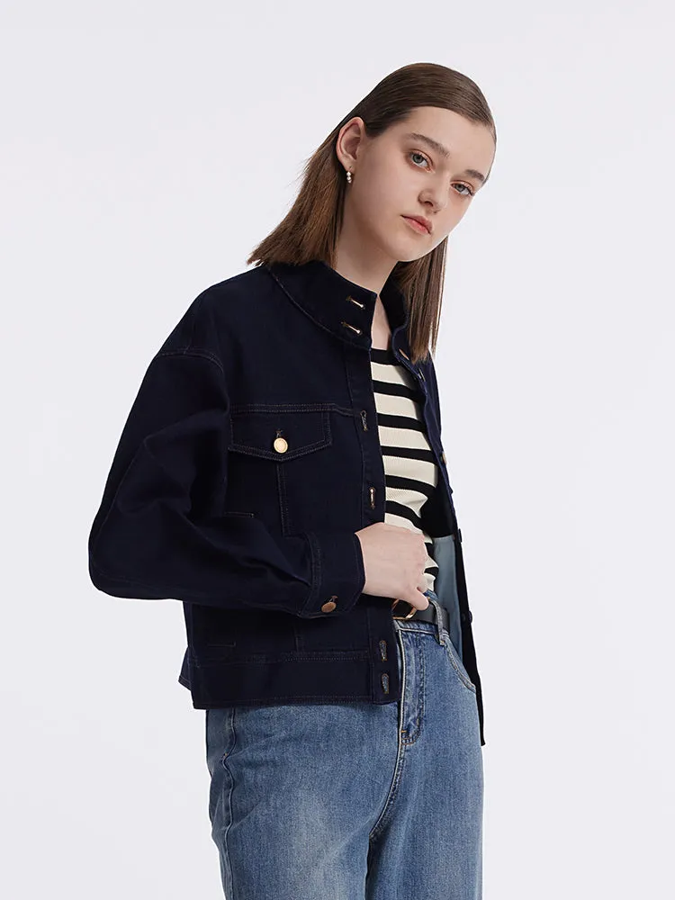 Stand Collar Denim Women Crop Jacket