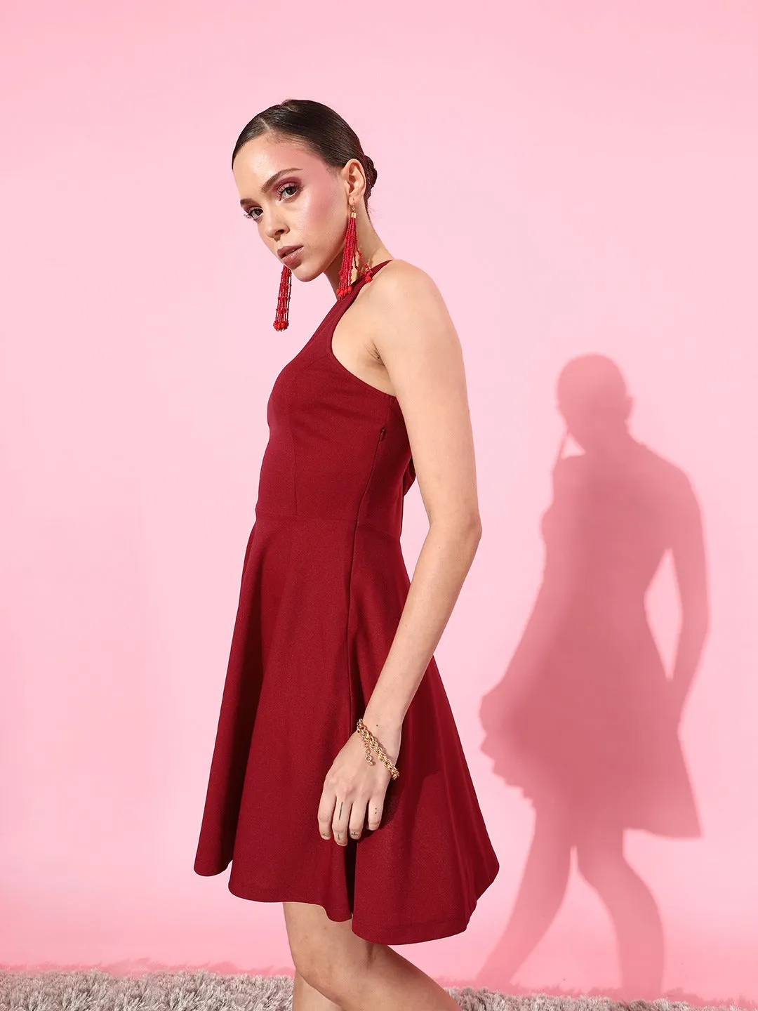 Style Quotien Women Maroon Halter Neck Dress