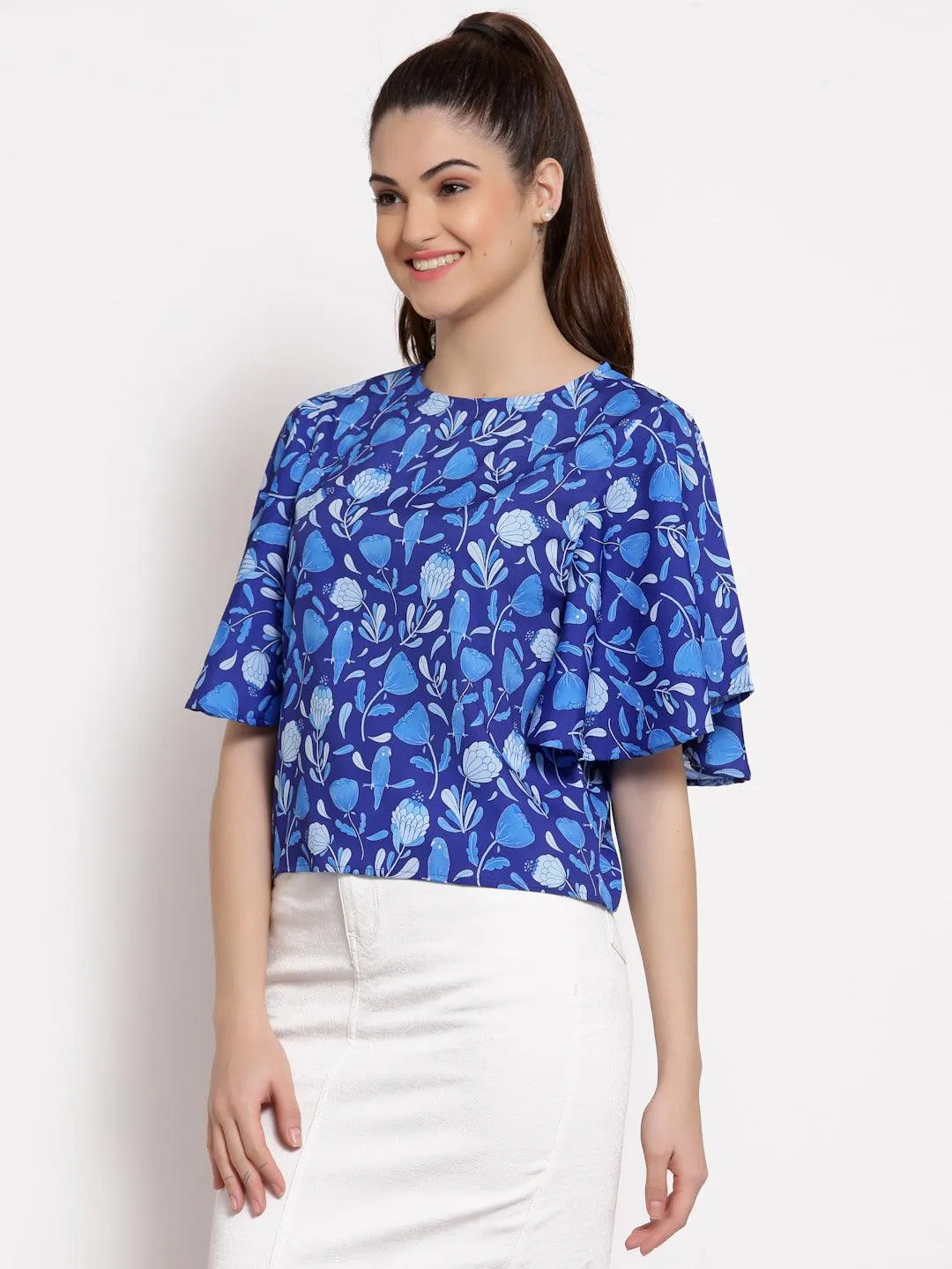 Style Quotient Blue Floral Crepe Regular Top