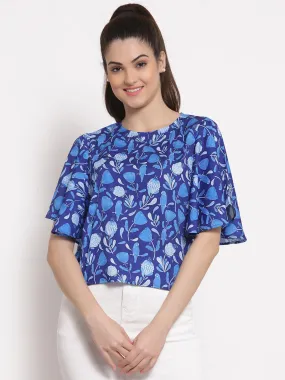 Style Quotient Blue Floral Crepe Regular Top