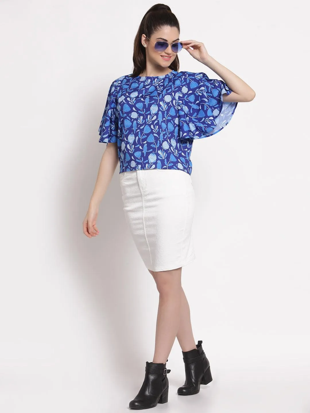 Style Quotient Blue Floral Crepe Regular Top