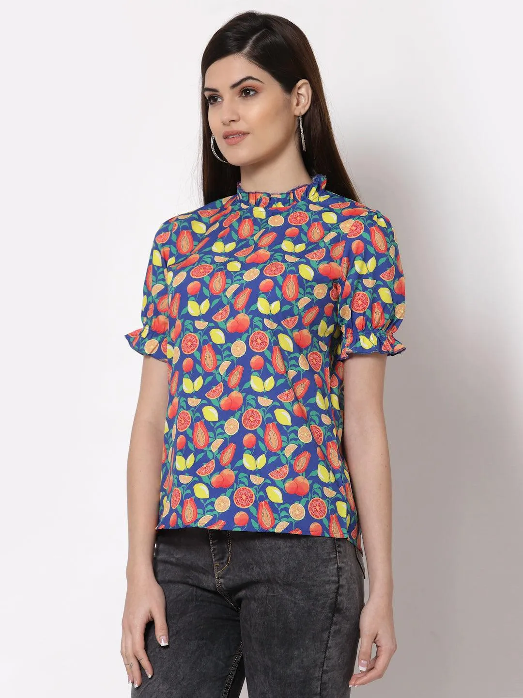 Style Quotient Blue Geometric Print Crepe Top