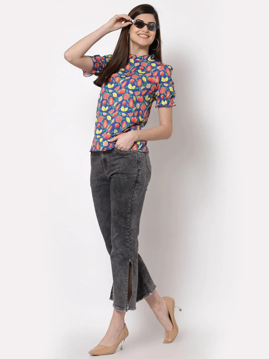 Style Quotient Blue Geometric Print Crepe Top