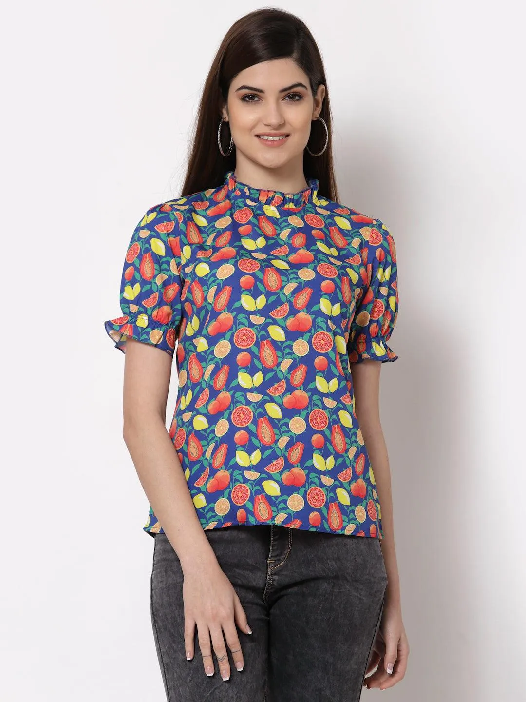 Style Quotient Blue Geometric Print Crepe Top