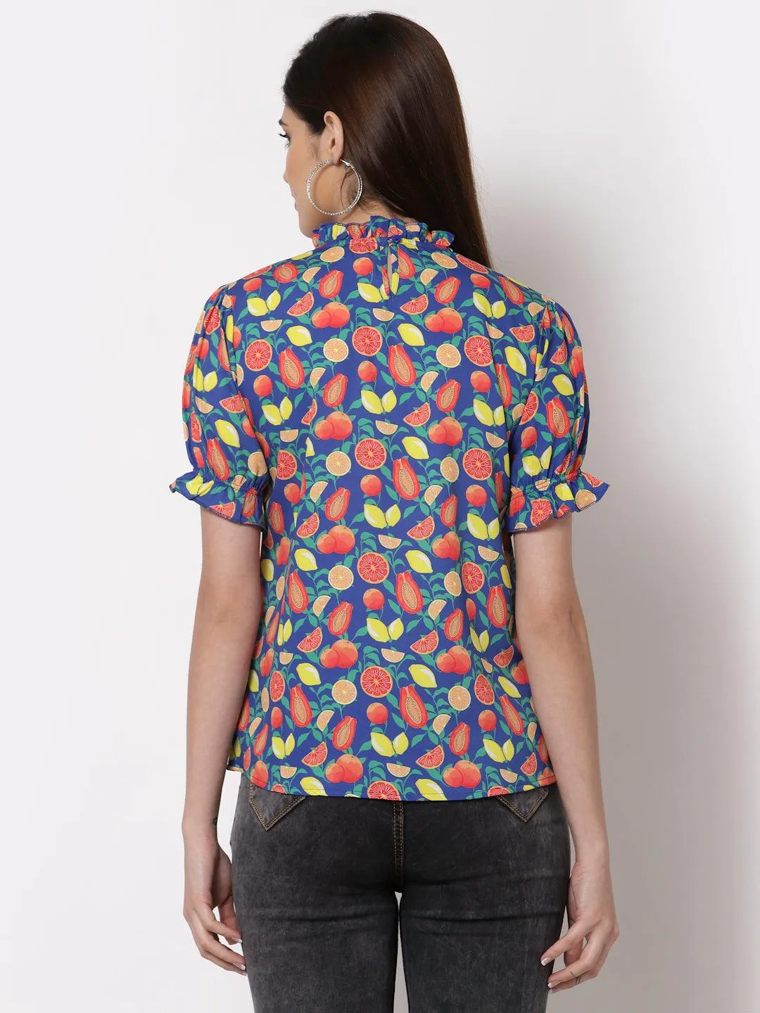 Style Quotient Blue Geometric Print Crepe Top