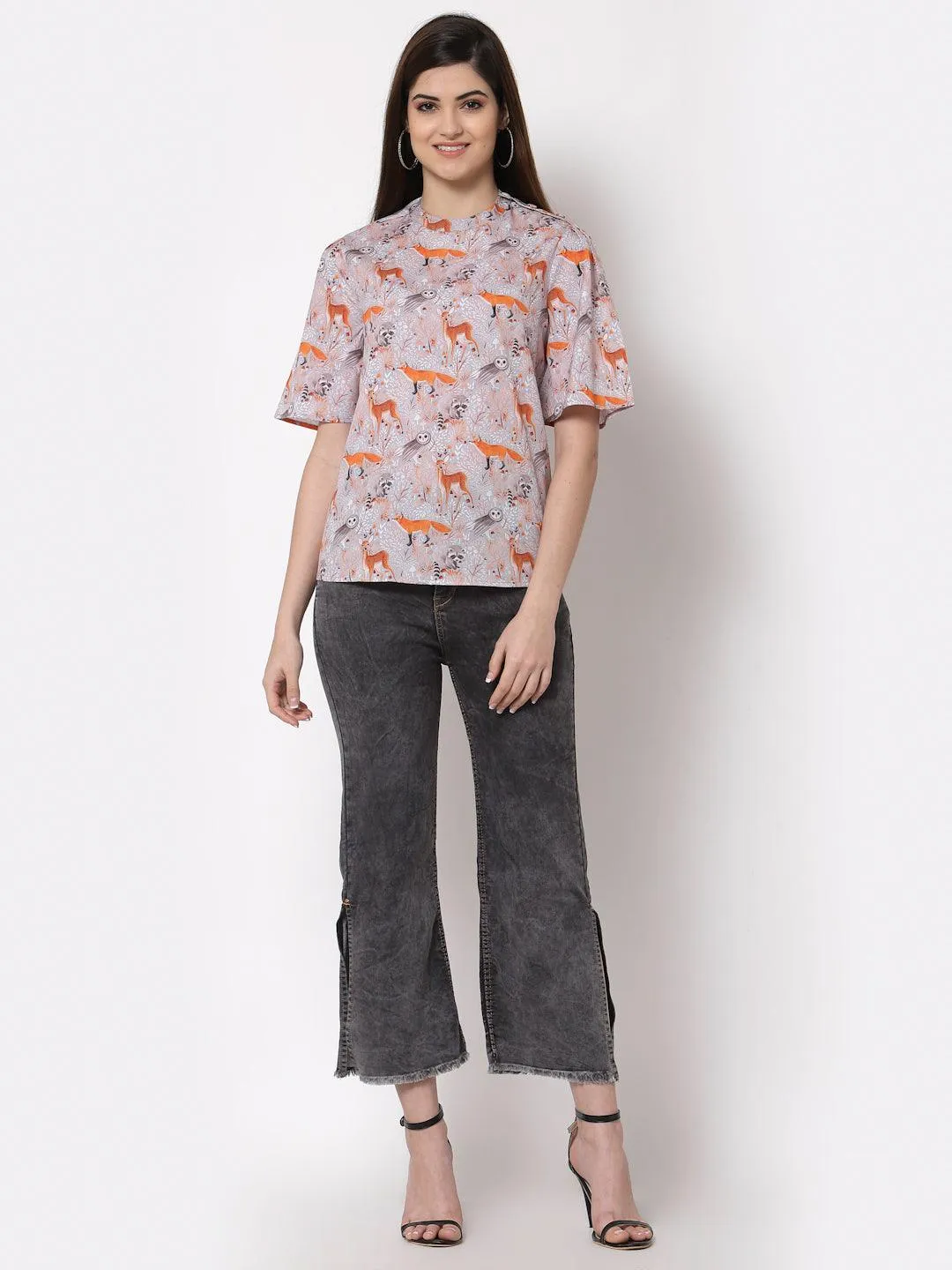 Style Quotient Grey Floral Print Crepe Top