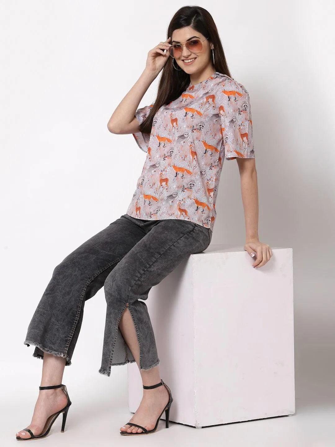 Style Quotient Grey Floral Print Crepe Top