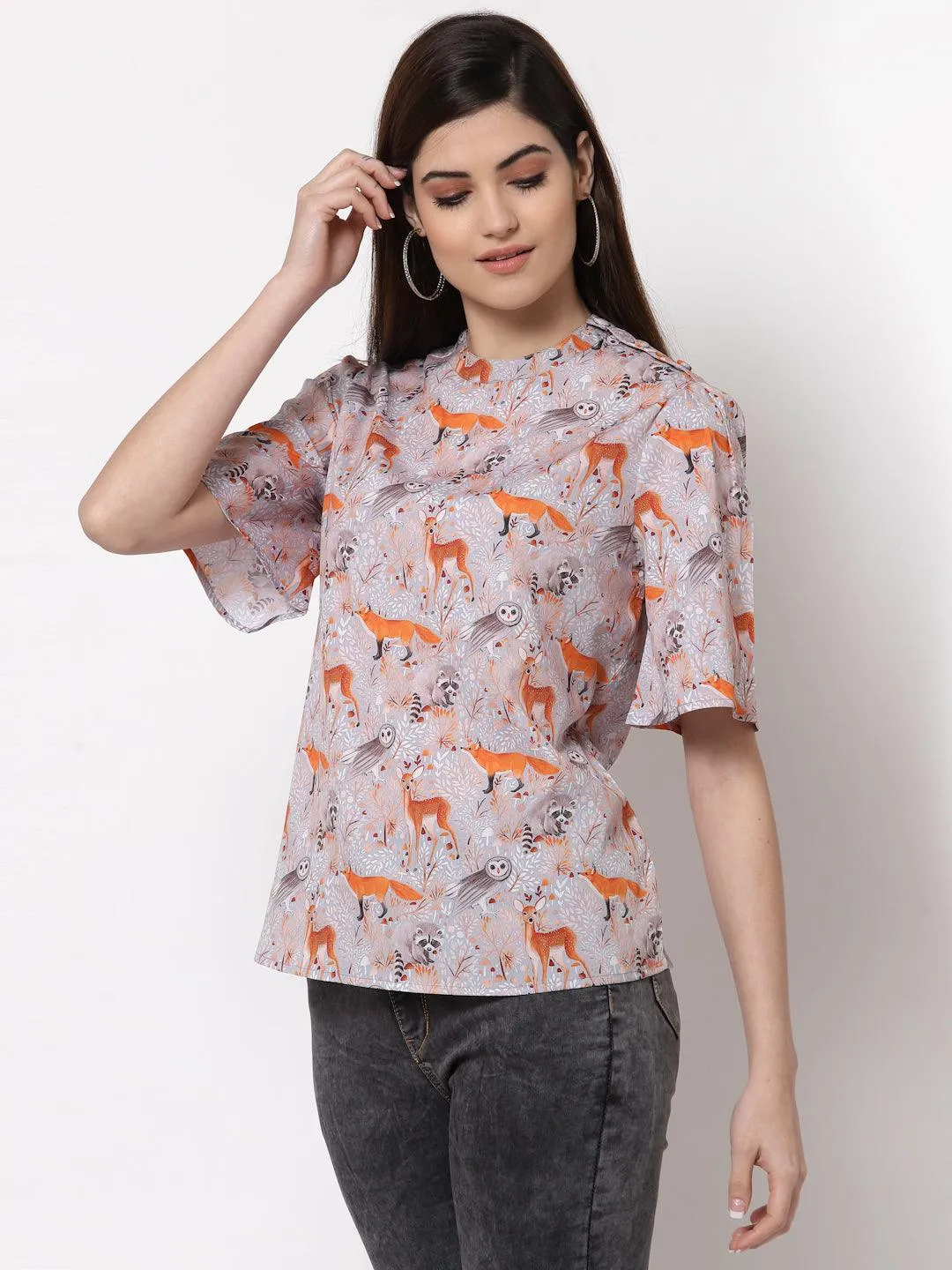 Style Quotient Grey Floral Print Crepe Top