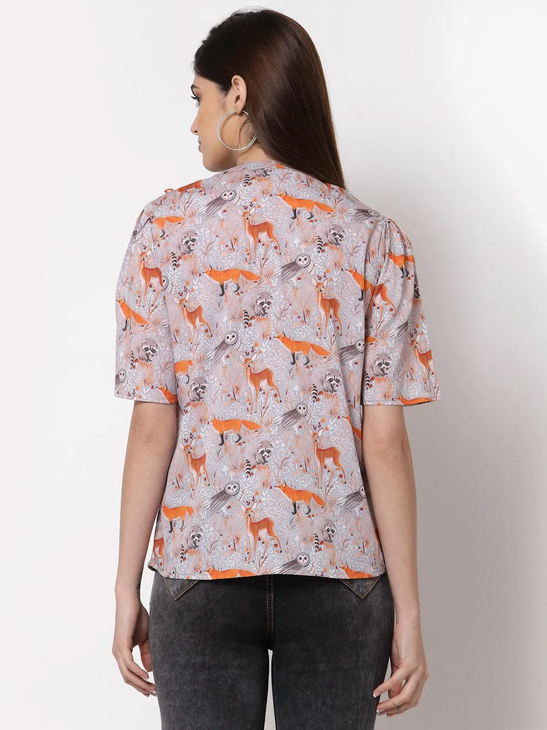 Style Quotient Grey Floral Print Crepe Top