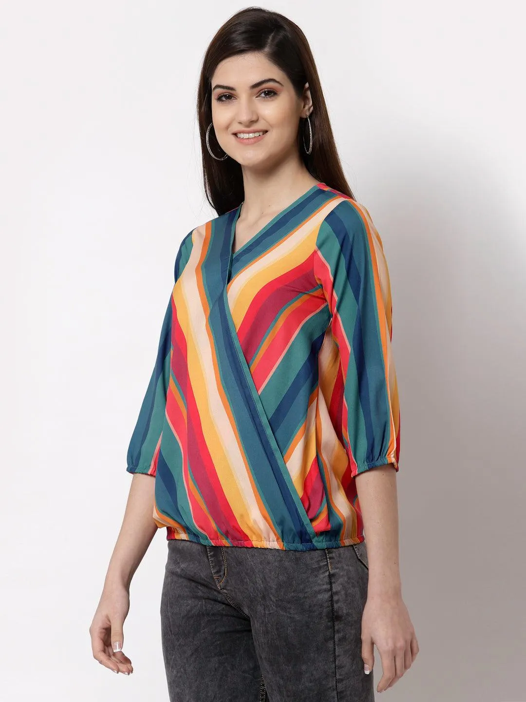 Style Quotient Multicoloured Striped Crepe Wrap Top