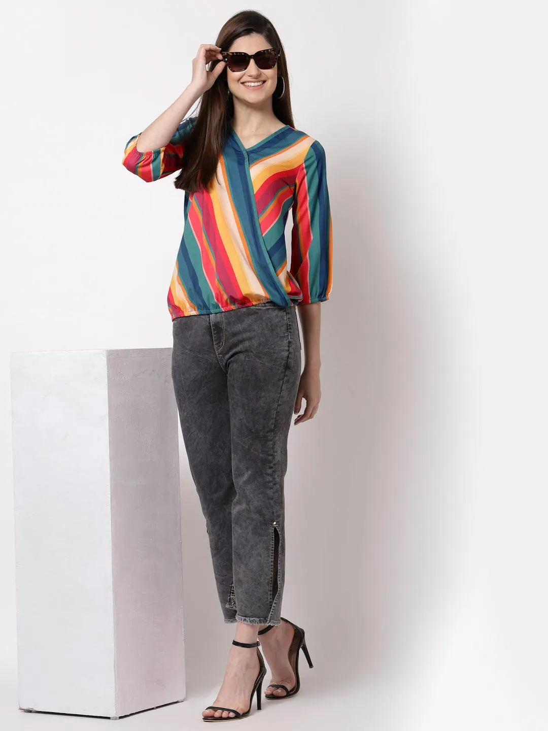 Style Quotient Multicoloured Striped Crepe Wrap Top