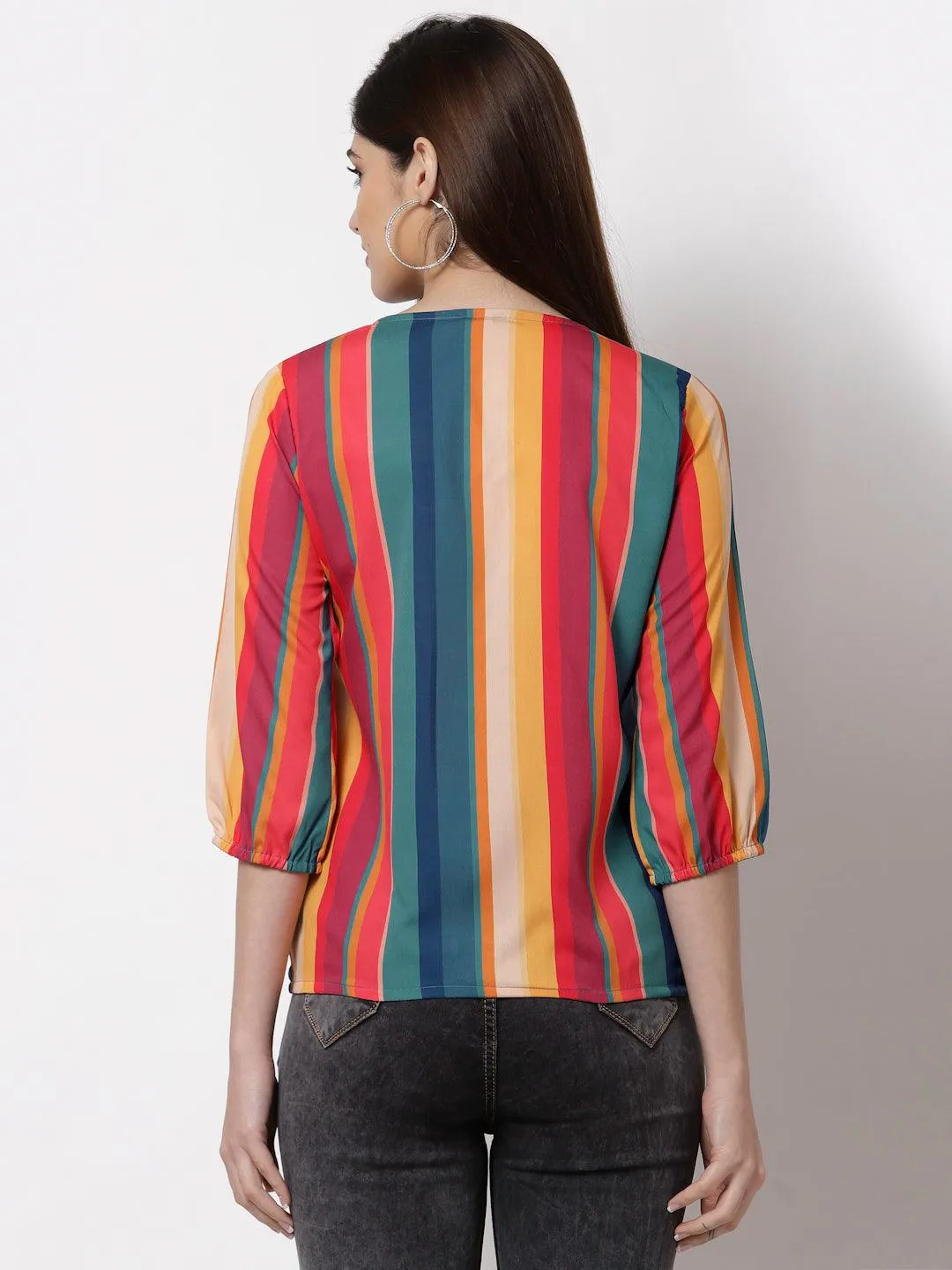 Style Quotient Multicoloured Striped Crepe Wrap Top