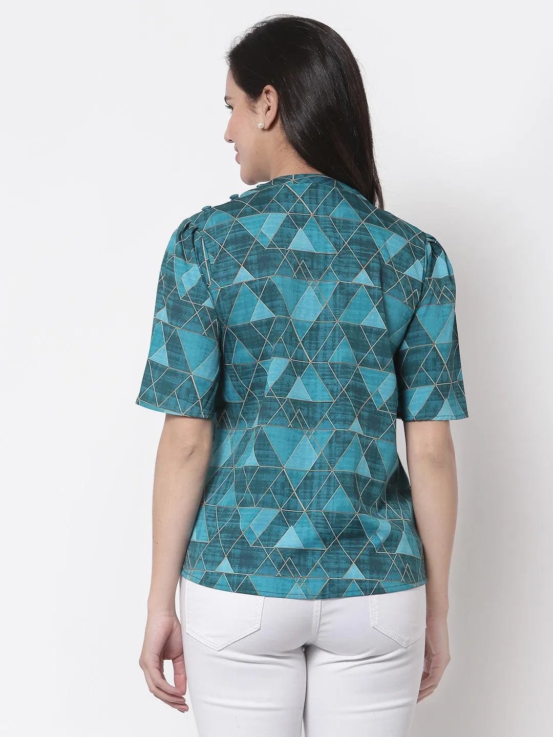 Style Quotient Teal Print Crepe Top