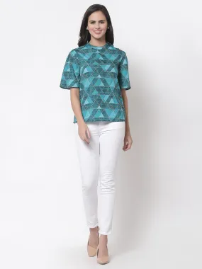 Style Quotient Teal Print Crepe Top