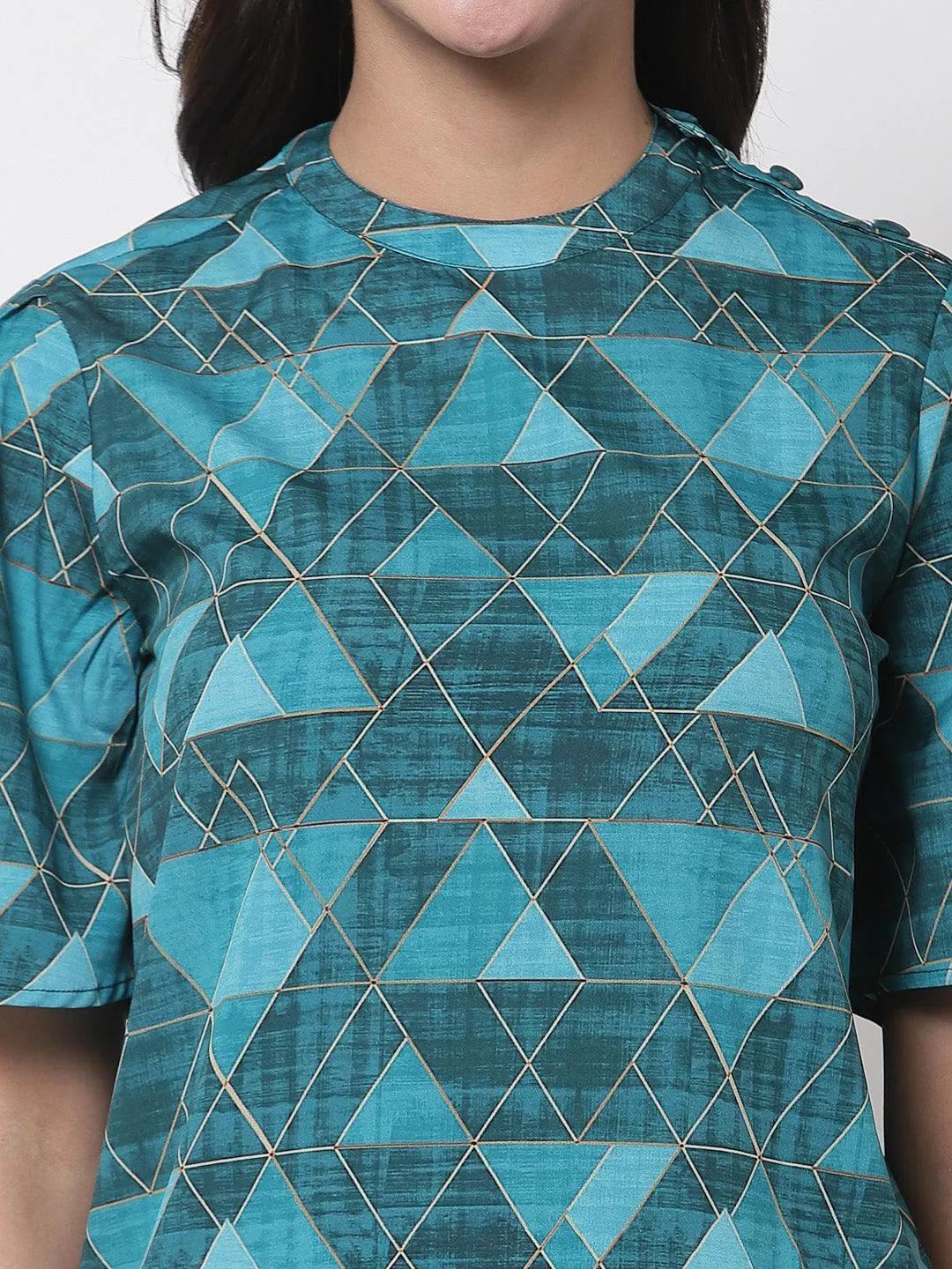 Style Quotient Teal Print Crepe Top