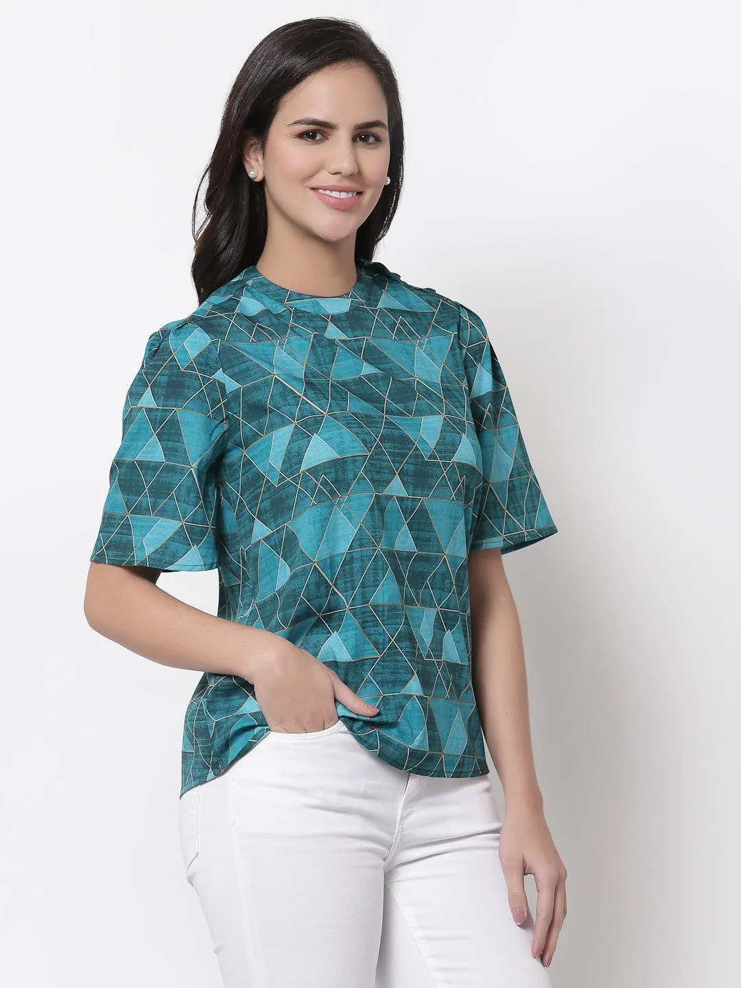 Style Quotient Teal Print Crepe Top