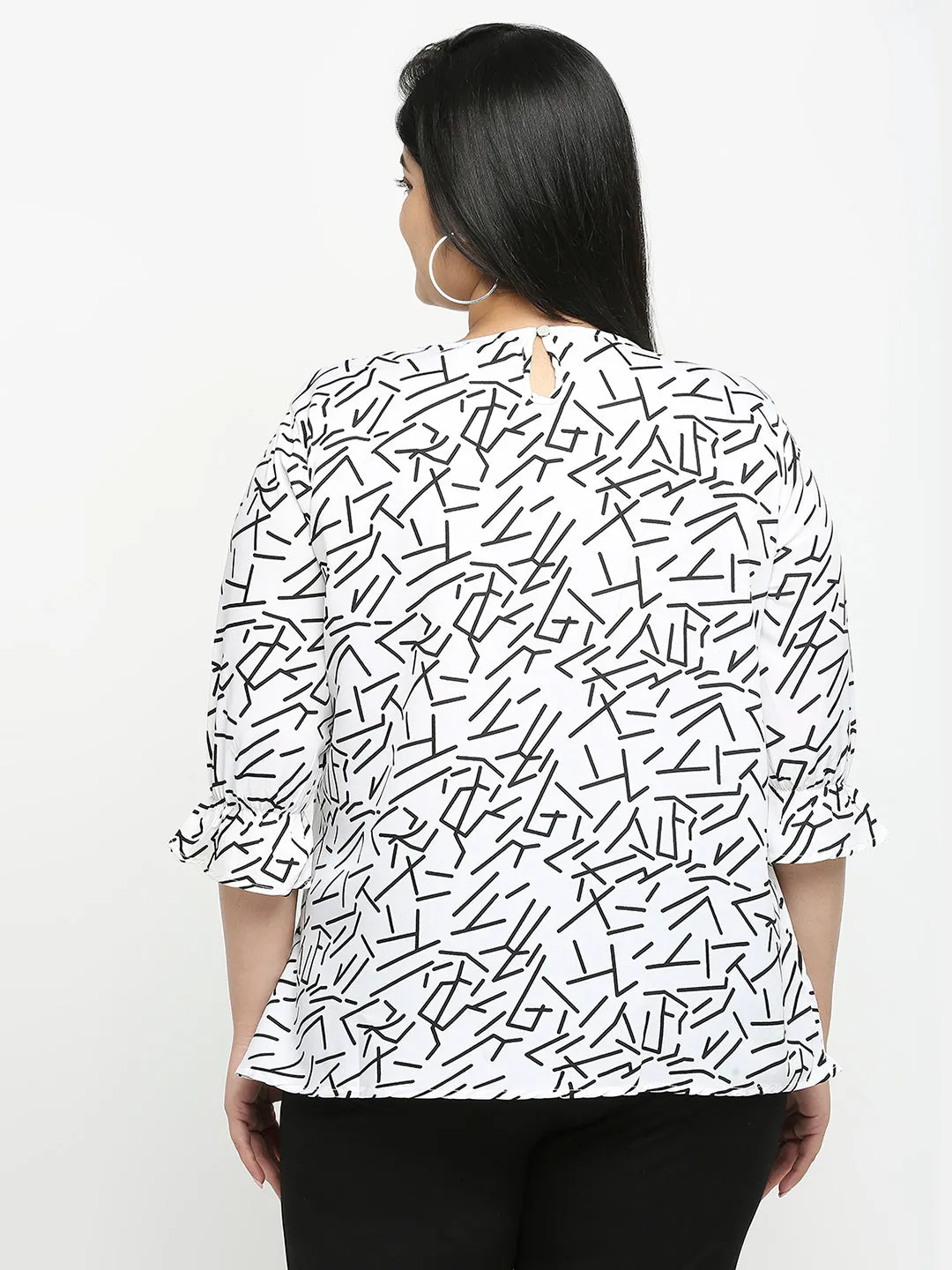 Style Quotient White & Black Abstract Polyester Regular Casual Top