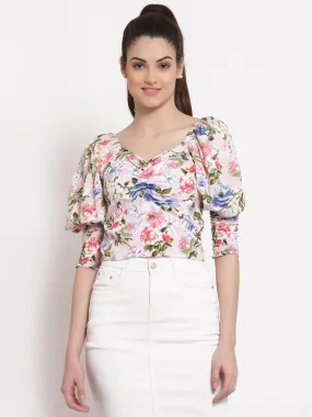 Style Quotient White  Pink Floral Printed Crepe Fitted Top